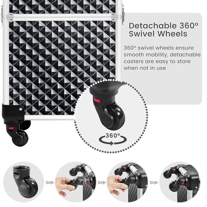 Ягетеч Косметичка-Тролі 4-в-1, Великий Косметичний Ящик для Макіяжу, Закривається на Замок, Багатофункціональний Ящик для Візажистів, Красота з Коліщатками та Висувною Шухлядою (Блискучий Чорний)