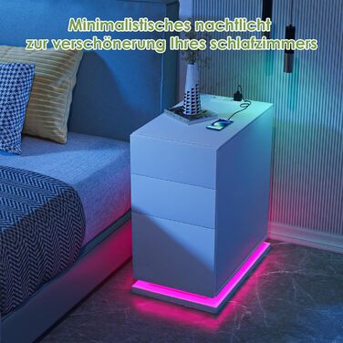 Вузька приліжкова тумба Lvhecforhm з LED підсвіткою, біла, з розеткою і USB, 16 режимів підсвічування, 50x30x63 см, для спальні та вітальні, глянцева