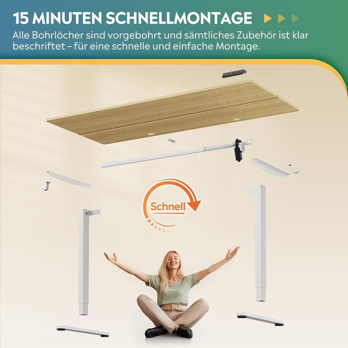 Регульований за висотою стіл Devaise з тихим мотором та функцією пам'яті для 3 положень, стіл для сидіння та стояння, регулювання висоти 72–118 см, ергономічний комп'ютерний стіл для офісу, білий (160x70 см, колір дуб)