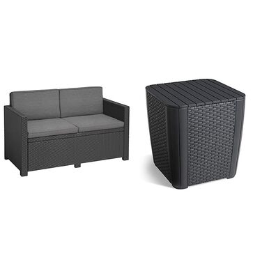 Садовий диван Allibert Victoria 2-місний ротанг сірий з подушками + садовий столик - вуличний, вологостійкий, 129x63x77 см