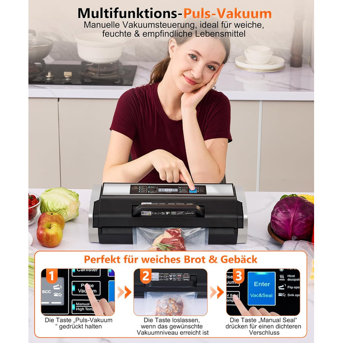 Вакууматор MZROT для продуктів харчування, -95кПа, 230Вт, з подвійним швом, 10 режимів (сухий/вологий), вбудованим різаком, чорно-сріблястий (в комплекті рулон та 15 пакетів)