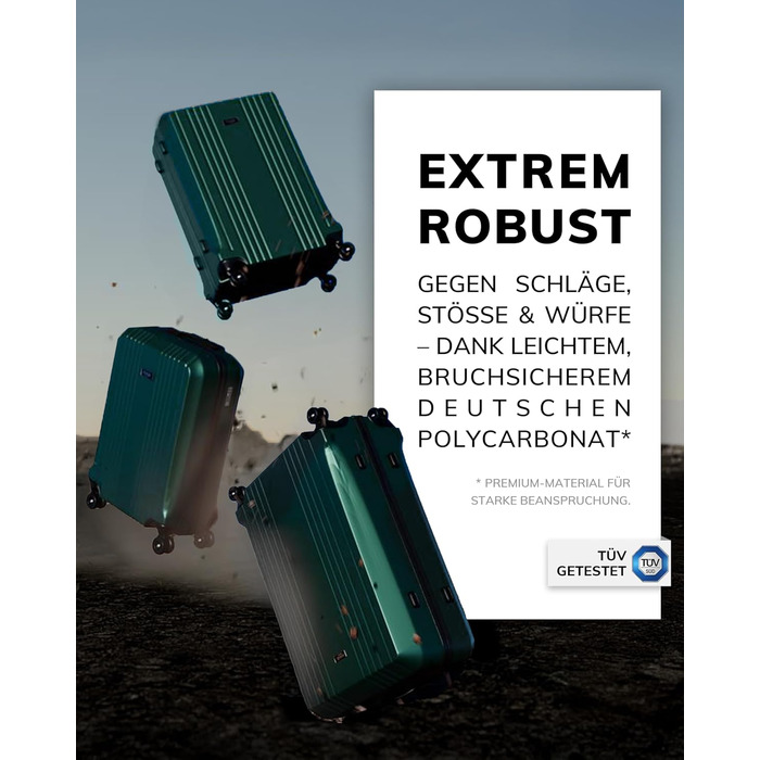 Набір валіз FERGÉ 3 шт. з жорстким корпусом, TSA-замок, Канни. Валіза-тролей, набір (ручна поклажа, L, XL). 3 шт. валізи з жорсткого корпусу, роликові валізи, 4 м'яких коліщатка - дуже міцний валіза з полікарбонату. Набір смарагдової серії