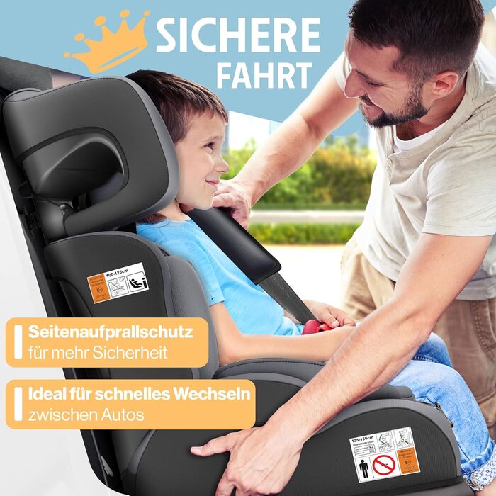 Автокрісло KIDIZ® 1+2+3 для дітей 9-36 кг з 5-точковим ременем безпеки, регульованою підголівником (антрацит)