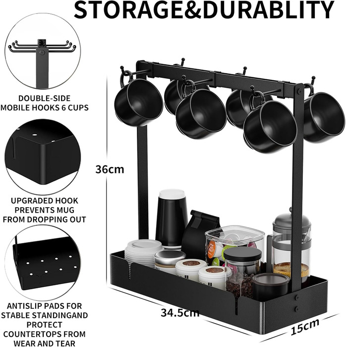 Тримач для чашки еспресо GAGUIUP з 6 гачками, металевий тримач для чашки для кави, основа для зберігання, чорний