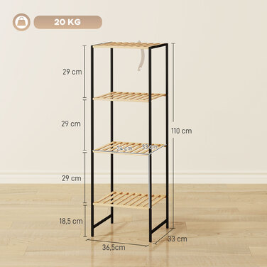 Стильна стелаж Standregal Badregal з бамбука та сталі, з 4 полицями, 4-ярусна книжкова полиця, розміри 36,5 x 33 x 110 см, колір: натуральний