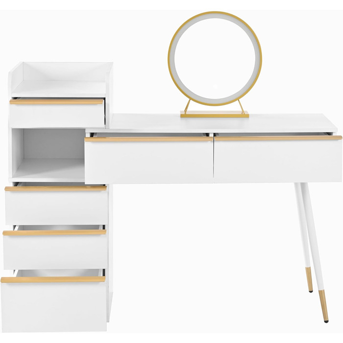 Туалетний столик Merax з дзеркалом та LED-підсвіткою, з поличкою, 6 висувних ящиків, золоті ручки, білий, 102x100x41.5 см (без табуретки)