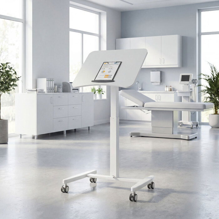 Регульований за висотою стіл для стояння, мобільний стіл з нахиленою стільницею, стопор безпеки, колеса, білий