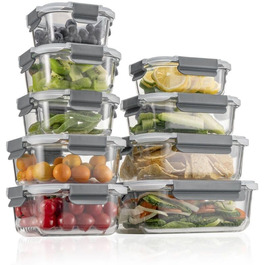Набір контейнерів для зберігання продуктів Glas, 18 шт. (9 контейнерів, 9 кришок), безпечні для миття в посудомийній машині, мікрохвильовій печі та морозильній камері, з герметичним закриттям, без BPA, сірого кольору