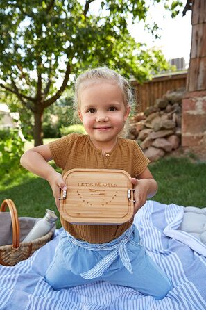 Повсякденна дитяча коробка для сніданку з нержавіючої сталі та бамбука, стійка коробка для сніданку для дитячого садка, школи / ланч-боксу, пригоди, давайте будемо дикими