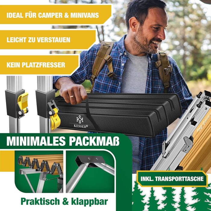 Зручний складаний столик KESSER® для кемпінгу з алюмінієвим каркасом та регулюванням висоти, 90x53 см, до 100 кг, з сумкою та сітчастою кишенею, з імітацією дерева