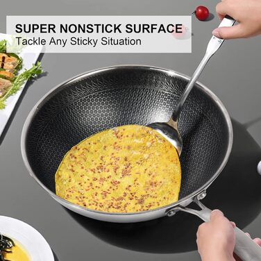 Вок RIOVARM 32 см з нержавіючої сталі з кришкою, антипригарне покриття, плоске дно, індукційні та газові плити, посудомийна машина, духовка, тришарова структура