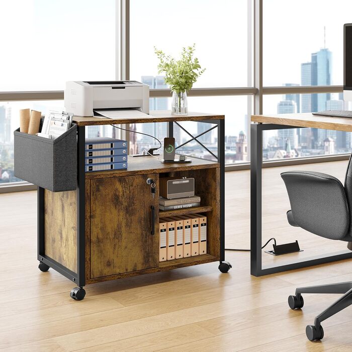 Підставка для принтера YITAHOME з розетками, роликова, з полицею та кишенькою, з замком для документів, для дому/офісу (колір: коричневий)