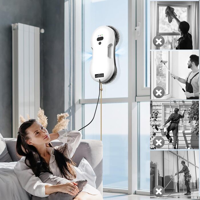 Робот для миття вікон з автоматичним струменем води, 5600 Па, автоматичний мийник вікон, інтелектуальна навігація, пульт дистанційного керування, для гладких поверхонь, з 10 ганчірками для миття (E 2800pa)