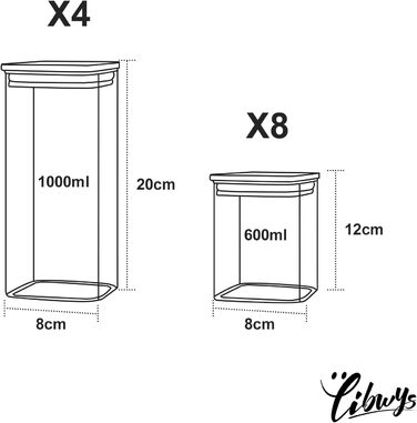 Набір LIBWYS з 12 банок для зберігання з бамбуковою кришкою, квадратні, 2 розміри 1000 мл і 600 мл