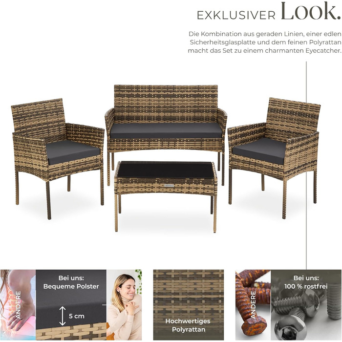 Набір садово-розкладних меблів tectake® з ротангу: банкетка, 2 крісла, столик, подушки, для балкона/тераси