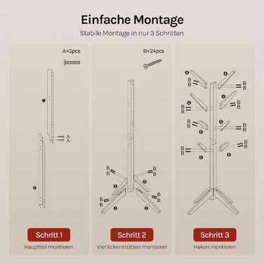 Вільхувана вішалка для одягу WOLTU з 8 гачками, 180 см, дерев'яна, настінна, для дому