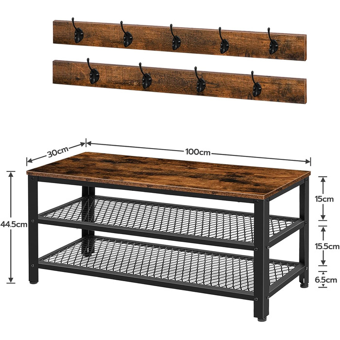 Вішалка для одягу HOOBRO Набір лавок для взуття, вішалка з лавкою, вішалка для взуття з сидінням, 9 гачків, промисловий стиль, металевий каркас, для передпокою, вхідної зони, темний коричнево-чорний EBF17MT01 (100 x 30 x 44.5 см, темно-коричневий, чорний)