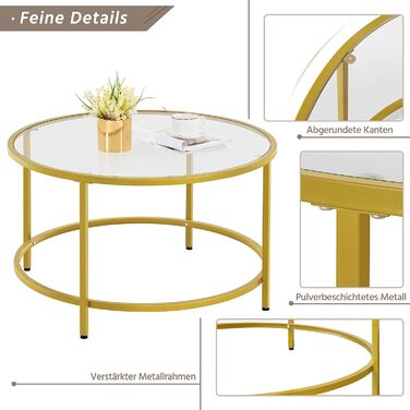 Журнальний столик Yaheetech Круглий журнальний столик з регульованими захисними ніжками Журнальний столик Стіл для вітальні із загартованого скла і металевого каркаса Сучасний скляний стіл для вітальні/балкона, 80 80 45 см (гірчично-жовтий)