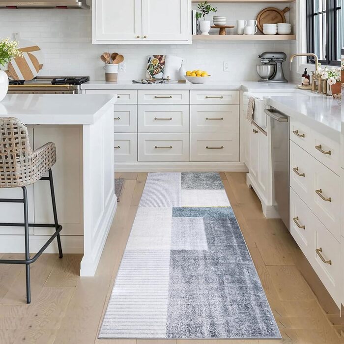 Килимове покриття Calore для передпокою неслизьке, миється, довгий м'який килим для кухні (80 x 300 см, сірий/синій/золотий)
