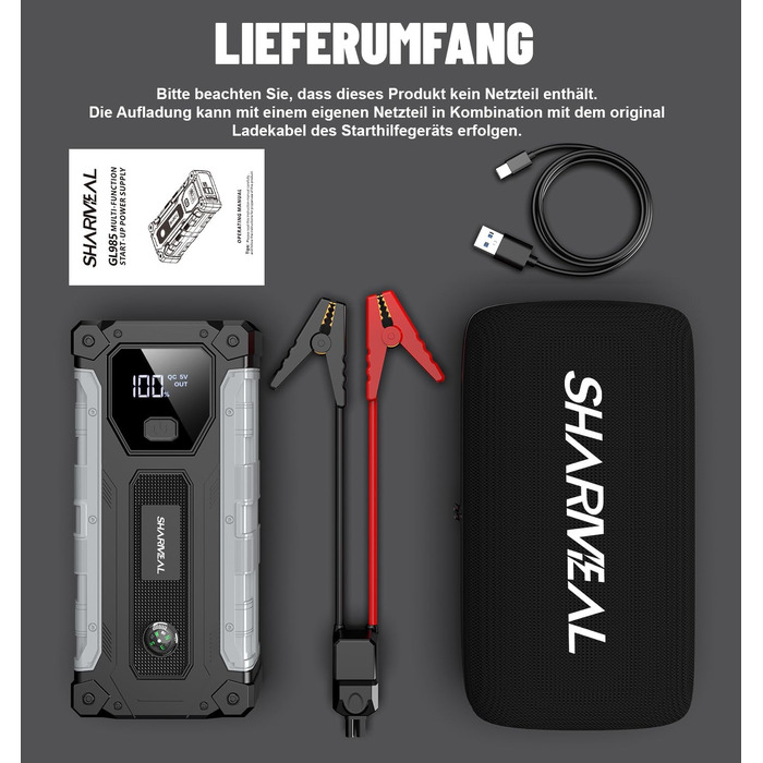 Powerbank для авто SHARMEAL 6000A: старт для бензинових та дизельних двигунів (до 10 л), 12V, LCD, LED ліхтарик