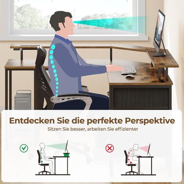 Ігровий кутовий стіл Seventable L-подібний з LED підсвіткою, розетками та 3 текстильними шухлядами, 135x135x88 см (Вінтажний коричневий)