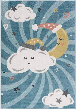 Килим Дитяча кімната - Синій - 120x160см - Хмари, місяць і зірки - Ігровий килимок Дитячий килимок з коротким ворсом - Oeko-Tex Standard 100 (80 x 150 см)