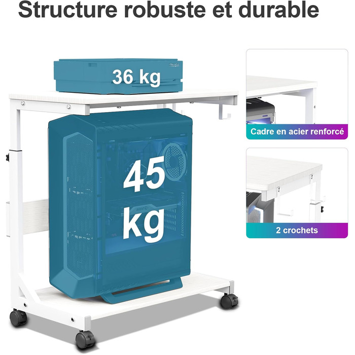 Регульована підставка для комп'ютерного блоку з 2 полицями та місцем для зберігання - для корпусів ATX, принтерів, з фіксуючими колесами (білий, 64 x 64 x 59-84,5 см)