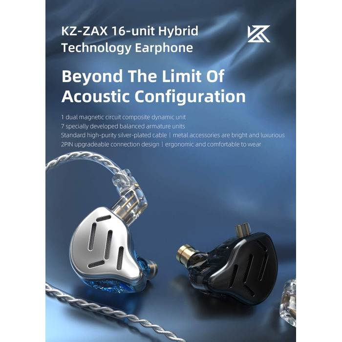 Вушний монітор CCA KZ Zax 7BA1DD Hybrid 16 драйверів HiFi Bass Sport з шумозаглушенням (чорний)