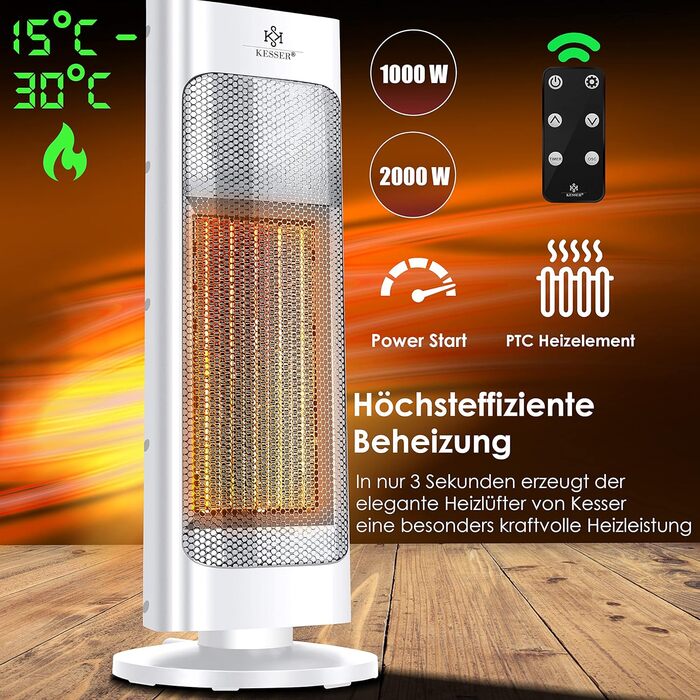 Обігрівач KESSER® 2000W з пультом керування, тихий, енергозберігаючий, керамічний, з осциляцією 80°, таймером 24 год, білий