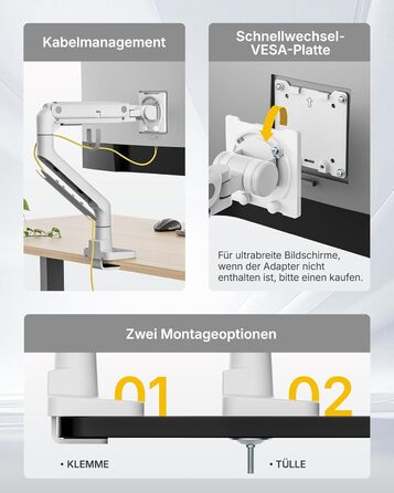 Кріплення для монітора monTEK - міцна підставка для монітора 17-57 дюймів, газліфт, VESA 75/100 мм, білий