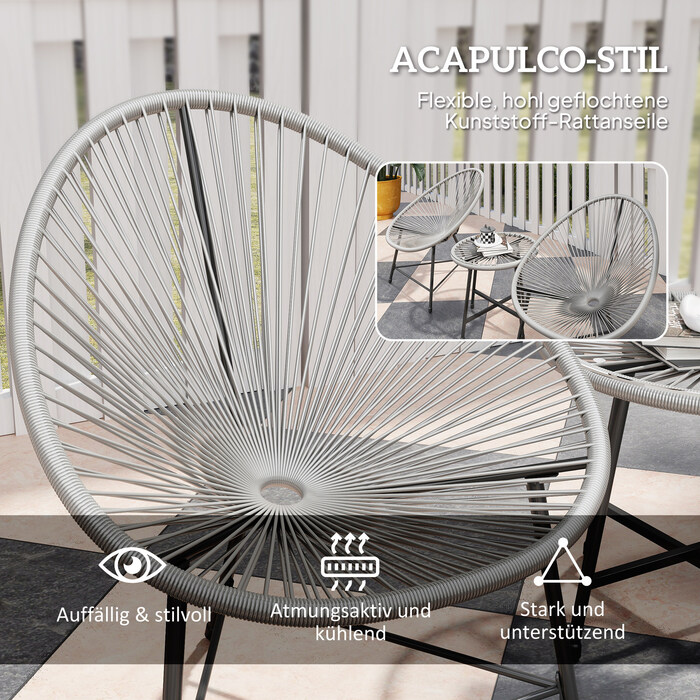 Набір садових меблів на 3 місця: 2 стільці з ротангу, стіл зі скляною стільницею, сталевий каркас. Чудовий вибір для відпочинку на свіжому повітрі! (Сірий колір)