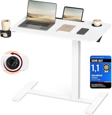 Приставний столик VASAGLE на колесах, мобільний, велика стільниця, регульована висота, 2 тримачі для напоїв, слот для телефону/планшету, LSD600W01 (80x45 см, білий)