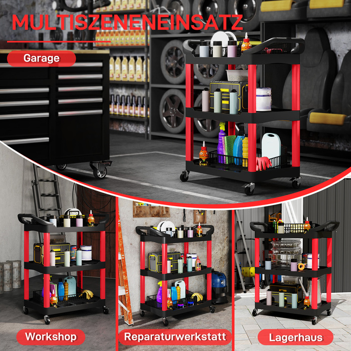 Ящик для інструментів з 3 рівнями, бічні ручки, колеса, пластик, червоний