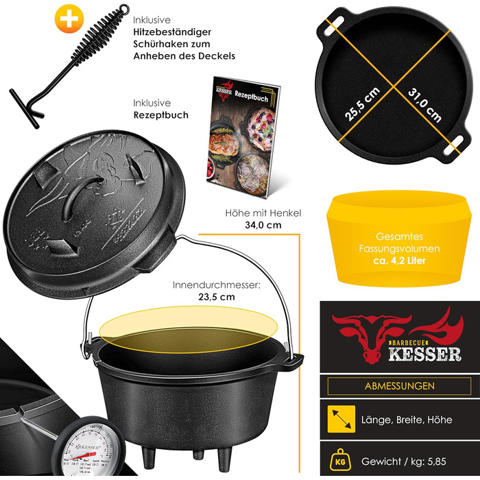 Набір голландських казанів KESSER® для приготування на грилі та в духовці, 4.2 л, чавун, з кришкою та термометром, чорний