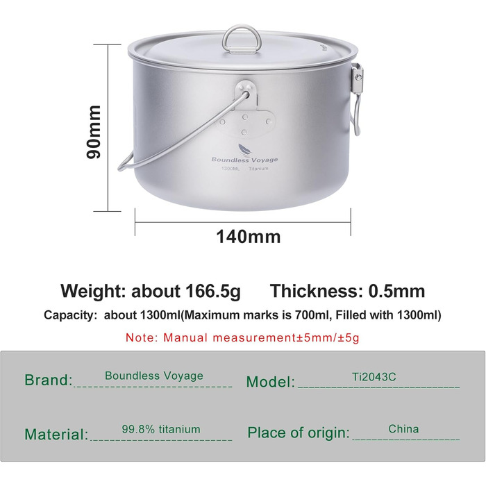 iBasingo 2.9L Титановий турпосуд з великою ємністю, для кемпінгу та приготування їжі на відкритому повітрі. Легкий посуд з відкидним ручками для 1-3 осіб (Ti2045C)