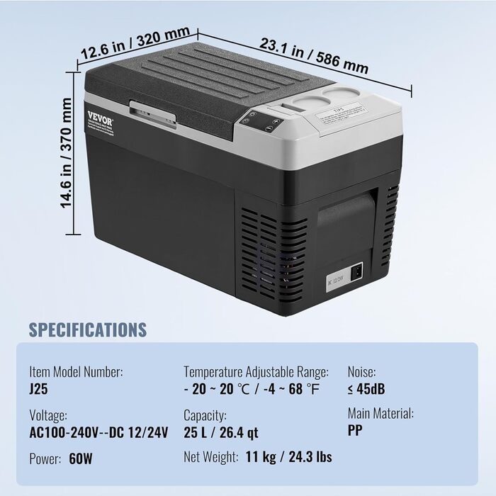 Автохолодильник VEVOR 25л портативний, 12V компресорний -20°C до +20°C для авто, кемпінгу, подорожей