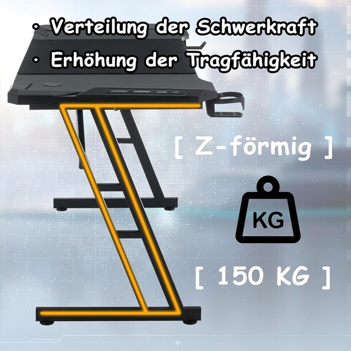 Ігровий стіл XMTECH 140x60 см з RGB LED, карбонова поверхня, ергономічний, з тримачем для навушників та підставкою для напоїв, чорний