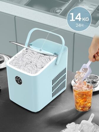 Льодогенератор FOHERE 14 кг/24 год, швидке виробництво льоду (5 хв), 2 розміри кулеподібного льоду, самоочищення, з ручкою, лопаткою та кошиком, для дому, офісу, вечірок (BabyBlue)