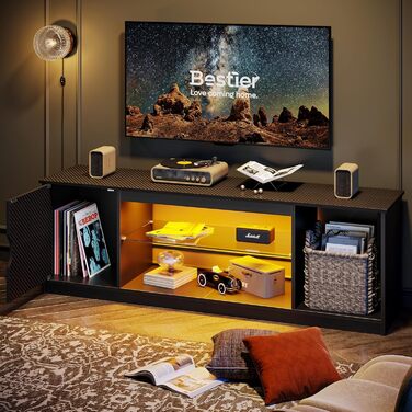 Тумба під телевізор Bestier 145x35x52 см для телевізорів до 65 дюймів з RGB LED-підсвічуванням (22 кольори) та регульованими скляними полицями - низький комод для вітальні, спальні (чорний карбон)