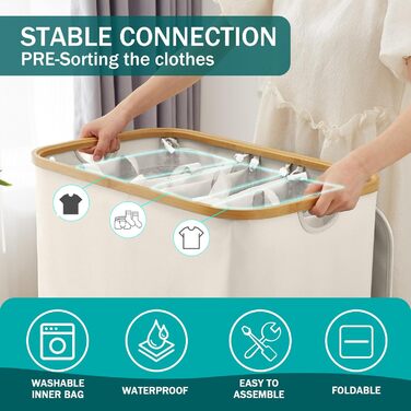 Кошик для білизни Youdenova з кришкою, великий, 160л, бамбук та дерево, сортувальник для білизни, білий