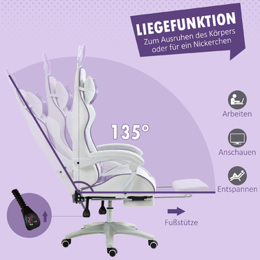 Ігровий крісло Vinsetto Ergonomischer Gamer Stuhl з підтримкою попереку, підставкою для ніг, ігровий крісло з вушками кролика, подушкою для голови, офісне крісло з регульованою спинкою та функцією відкидання спинки, фіолетовий | Aosom