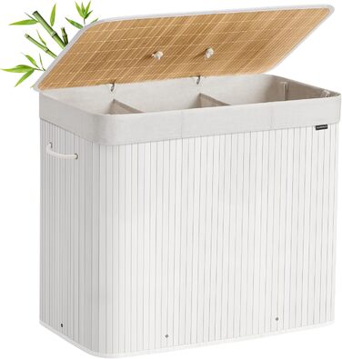 SONGMICS Кошик для білизни з кришкою, 2 відділення, бамбук, складний, знімний мішок для прання, з ручками, 170 л, білий