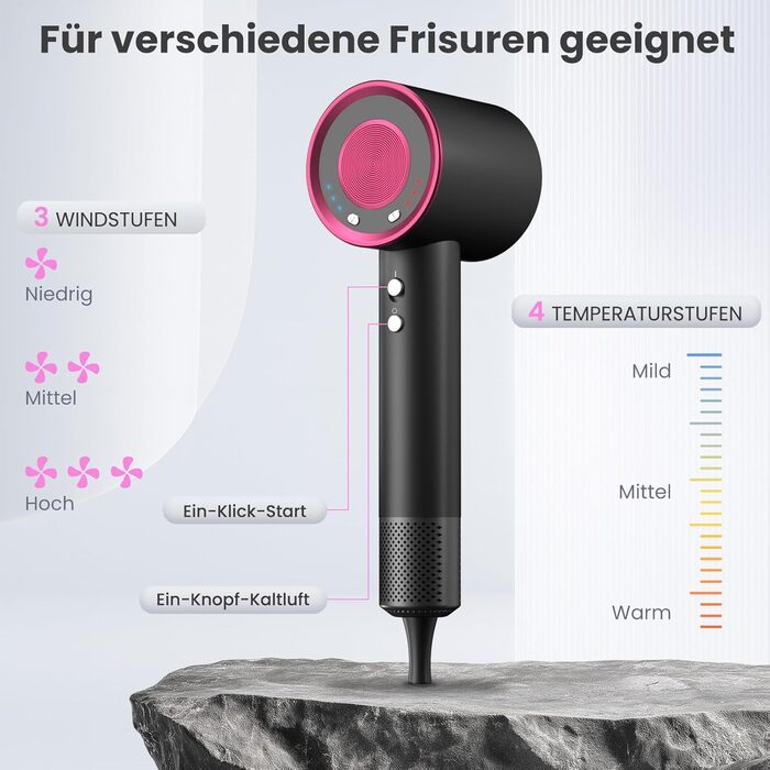 Професійний фен для волосся з високошвидкісним двигуном 160 000 об/хв, іонізацією (500 млн іонів), магнітною насадкою, 3 режими швидкості та 4 рівні температури, для дому, салонів та тварин