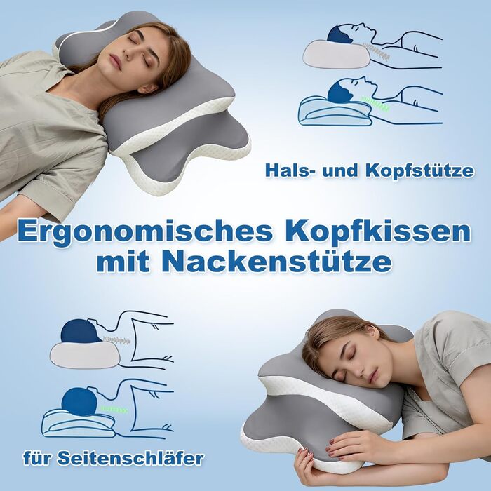 Ортопедична подушка для сну - Memory Foam, для тих, хто спить на боці, спині та животі, з ефектом охолодження, знімний чохол (Сіра)