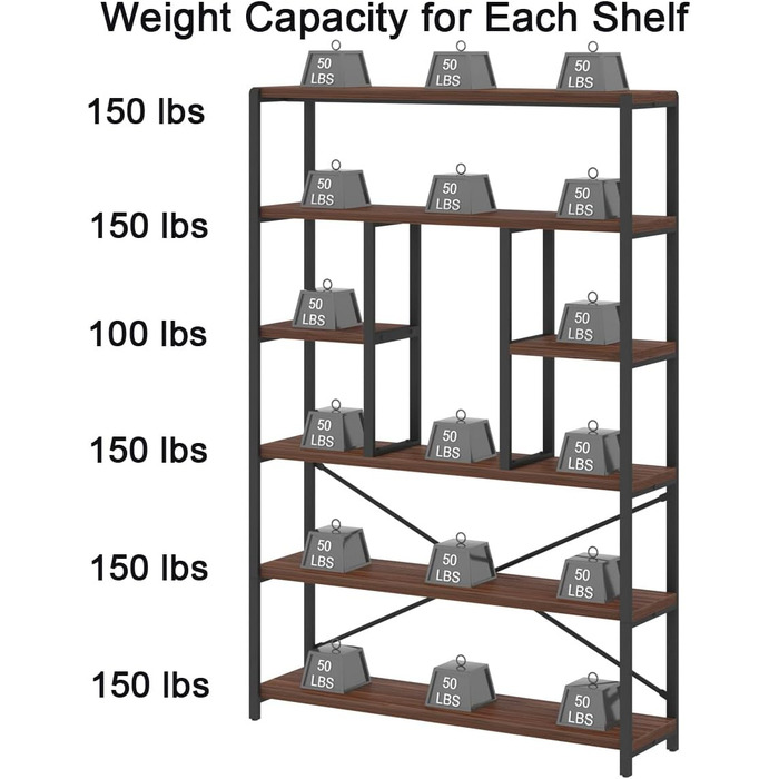 Стелаж LVB з 6 полицями для вітальні, офісу, кухні. Стелаж-стінка з дерева, горіх, 180 см