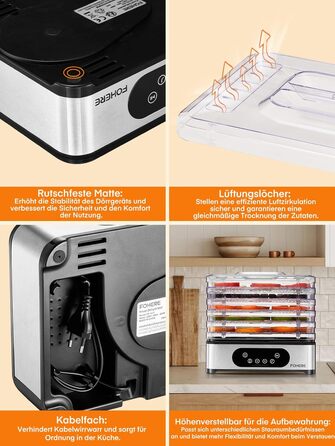 Електрична сушарка для продуктів FOHERE з нержавіючої сталі, 5 ящиків, LED-дисплей, 420W, 35-70°C, таймер 48h, для їжі, грибів, фруктів, м'яса, риби, овочів, без BPA