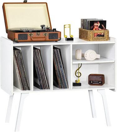 Підставка для програвача LELELINKY з 4 полицями для 220 альбомів, міцна дерев'яна конструкція, стіл Mid-Century, біла полиця для зберігання вінілу