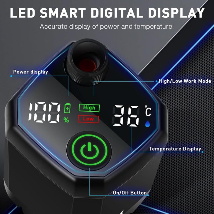 Електричний душ для кемпінгу MIAOKE 7800 mAh з цифровим дисплеєм та індикатором температури, портативний душ для подорожей, туризму та кемпінгу (Чорний)