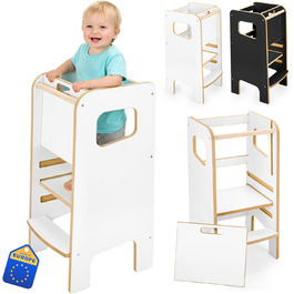 Дерев'яний навчальний столик-сходинка Montessori для дітей з бічною перегородкою – білий, безпечний та стійкий, регульована висота, з блокуванням, сучасний дизайн Model 4