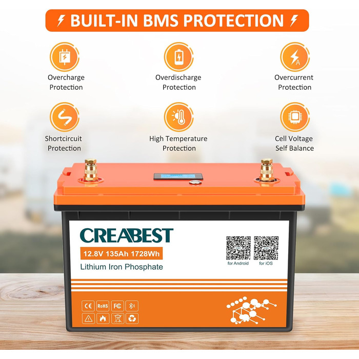 Акумулятор 12 В 200 Ач CREABEST LiFePO4, BMS Bluetooth, вихід 2560 Вт, чудово підходить для автофургонів, сонячної системи, автономного режиму